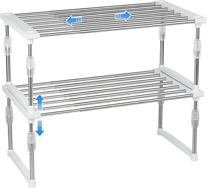 carrotez 2 Pack Expandable Cabinet Organizer, Set of 1 Width & Height-Adjustable Kitchen Cabinet Organizer Shelf, Stackable Kitchen Counter Shelf, 11.8~19.6 x 7.8 x 5.9~9" White