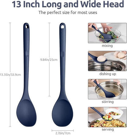600ºF Heat Resistant Silicone Spoon: U-Taste 13.3in Solid Kitchen Cooking Spoon, Nonstick Food Grade Large Soup Rubber Utensil for Mixing, Serving, Stirring, Basting, for Pot Cookware (Midnight Blue)