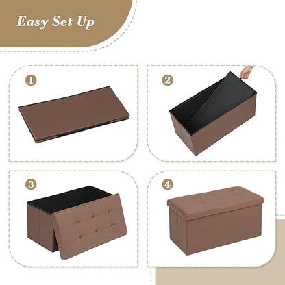 Athena Collection 30" Storage Ottoman Bench Folding Bench with 90L Hidden Storage, Large End of Bed Bench PU Leather Foot Rest Stool Chest with Flipping Lid for Living Room, Bedroom, Entryway, Brown