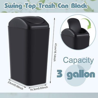 Hoolerry 8 Pcs 3 Gallon/12 Liter Small Trash Can Plastic Kitchen Garbage with Lid Small Trash Bin for Bathroom Office Bedroom Kitchen Waste Outdoor (Black)