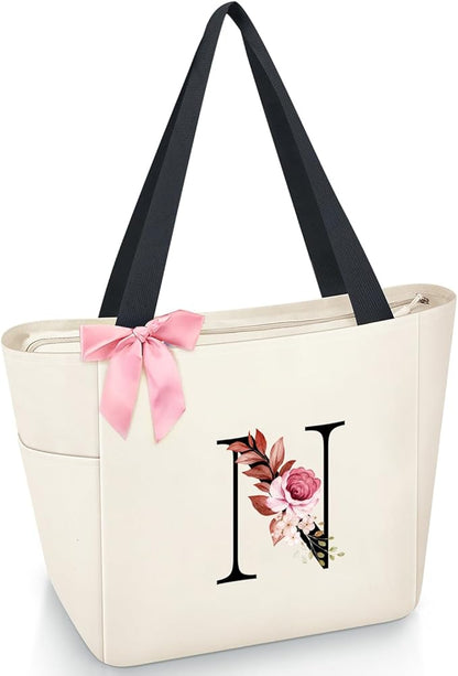 Vavabox Tote Bag, A-Z Initial Monogrammed Waterproof Tote Bag, Bridesmaid Gifts for Women, Black and Pink
