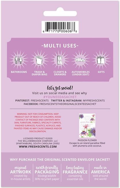 WILLOWBROOK | Fresh Scents Scented Sachet Packet | Passion Flower | Air Freshener Bags for Drawers, Closets, Cars | 6 Pack | Long Lasting Home Fragrance