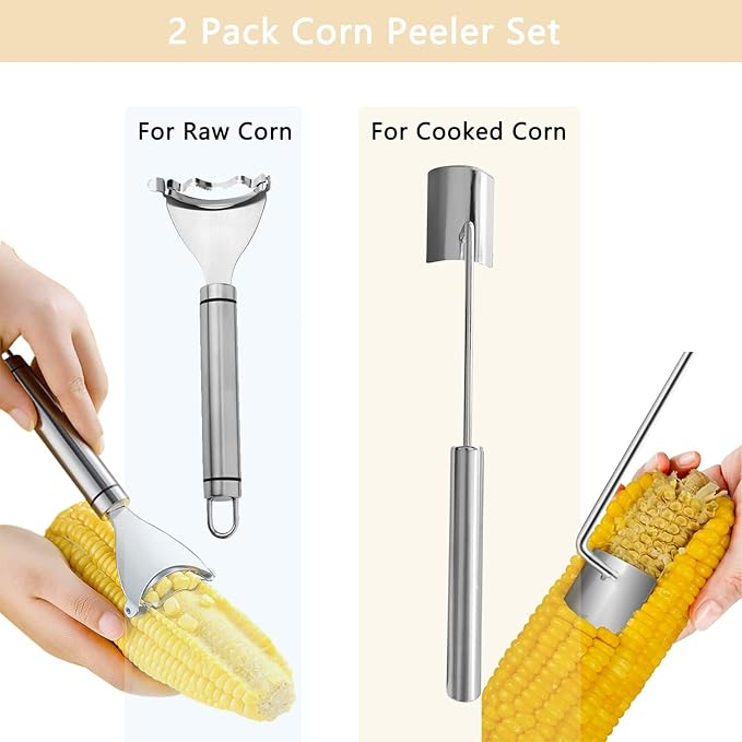 2 Pcs Corn Peeler Set with Long & Short Handle – Stainless Steel Corn Stripper Tools for Raw & Cooked Corn – Durable Kitchen Gadgets for Home, BBQ & Restaurant Use