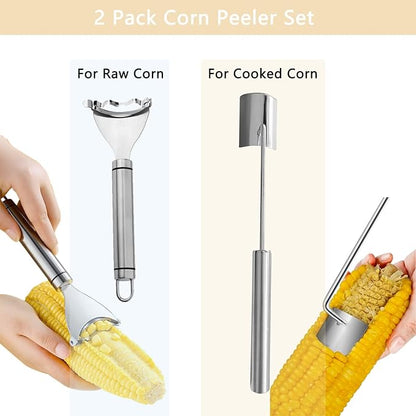 2 Pcs Corn Peeler Set with Long & Short Handle – Stainless Steel Corn Stripper Tools for Raw & Cooked Corn – Durable Kitchen Gadgets for Home, BBQ & Restaurant Use