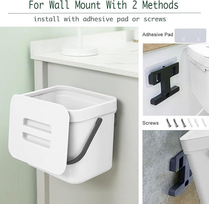 LALASTAR Trash Can with Lid, Wall-Mounted Under Sink Small Garbage Can for Kitchen, Bathroom, Hanging Plastic Trash Can, 1.8 Gallon, White