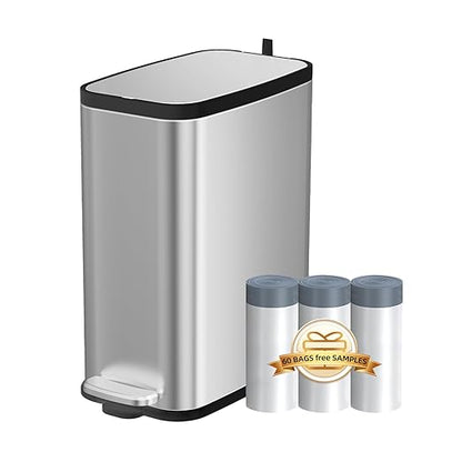 Stainless Steel Bathroom Trash Can with Lid Soft Close,1.6 Gallon Slim Garbage can,Small Metal Step Wastebasket for Office, Bedroom, Toilet, Live Room