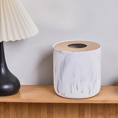 White Marble Textural Mini Trash Can with Rose Gold Stainless Steel Lid, Small Countertop Trash Can for Bathroom Kitchen,Desk Trash Can,Table top Mini Garbage Cans,Resin Tiny Waste Basket for Vanity