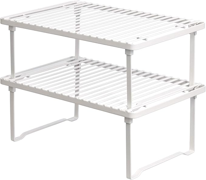 Amazon Basics Stackable Metal Kitchen Storage Shelves for Dishes, 12.5" L x 8" D x 4.5" H, Set of 2, White