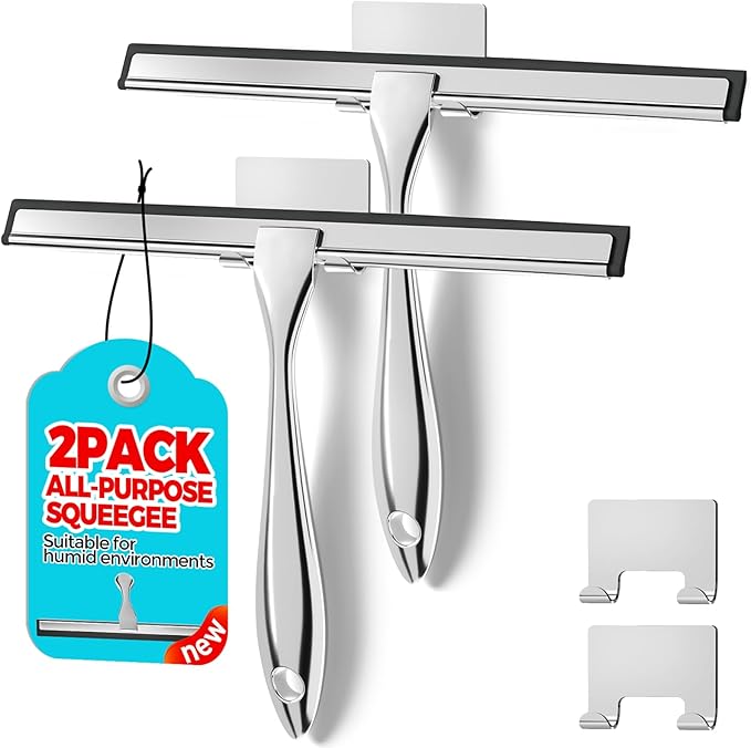 2PACK All-Purpose Shower Squeegee for Shower Doors, Tile Shower Walls, Bathroom, Window, Glass and Car Windshield, Mirrors and Kitchen-Stainless Steel, 9.8-Inch, Silver