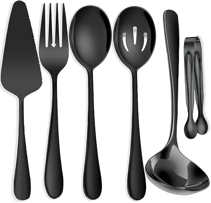 6 PCS Stainless Steel Serving Utensils, Large Serving Spoons Slotted Spoons, Forks, Ice Suger Tongs, Cake Server, Soup Ladle, Metal Utensils Set Great for Buffet Catering Banquet Party, Black