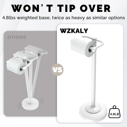 Toilet Paper Holder Stand, White Toilet Paper Holder Free Standing, Post Pivoting Design & Stable Weighted Base SUS304 Stainless Steel for Bathroom (Mega Roll)