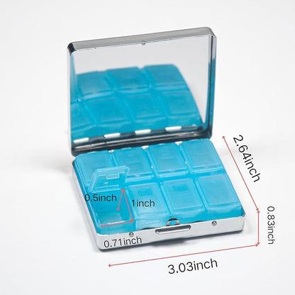 Silver Vintage Pill Box 7 Day Metal Pill Box with Mirror and 8 Compartments Cute Travel Pill Organizer for Purse (Purple and Golden Alcohol Ink Marble)