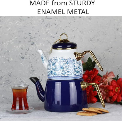 Vintage Turkish Teapot Tea Pots Kettle Set for Stovetop Stove Top Decorative Infuser Party Cups Glasses Floral Unique Boiler Samovar Strainer Loose Leaf Kitchen Style Enamel Decor (White-Blue)