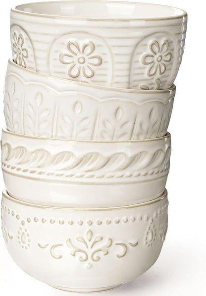 Artena Small Bowls Set of 4, 12 oz Ceramic Embossment Dessert Bowls, white Bowl for Kitchen, Ice Cream, Side Dishes, Rice, Cereal, Fruit, 4.5 Inch, Microwave & Dishwasher Safe, Multiple Patterns