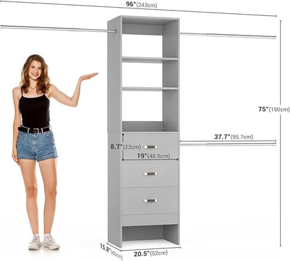 96'' Closet Organizer System with 3 Hanging Rods (Without 3 Storage Shelves), 8FT Closet Systems, Wall Mount Bedroom Wardrobe with 3 Wood Drawers, Adjustable Garment Rack from 5 to 8FT, Grey