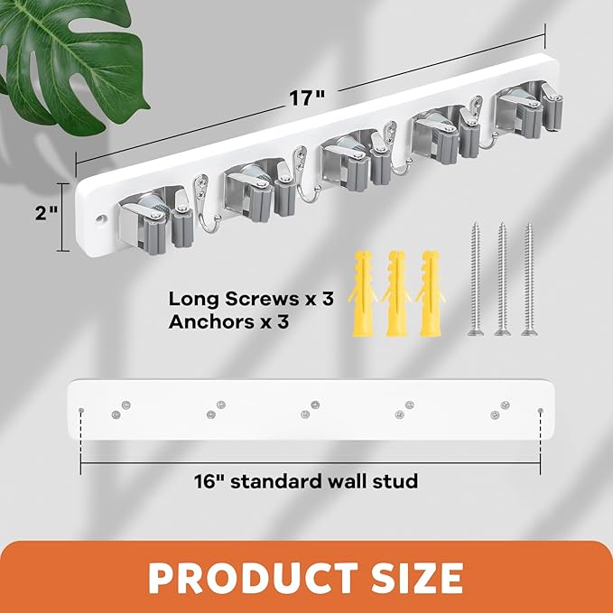IMILLET Broom Holder Wall Mount, Wood Broom Holder with 5 Racks and 4 Hooks Broom Organizer, Laundry Room Organization and Storage, Mop Hanger for Home Organization, Garden, Garage, Closet (White)
