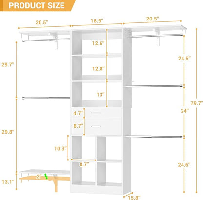 5FT Small Closet System, Baby Closet Organizer System with Wooden Drawers, 60 Inches Walk In Closet System With 5 Hanging Rods and 3 Reversible Hanging Shelving, White