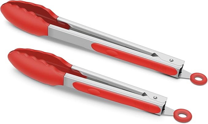 Set of 2 Kitchen Tongs 9-Inch & 12-Inch, Premium Stainless Steel BPA Free Silicone Non-Stick Grilling Barbeque Cooking Locking Food Tongs, Red