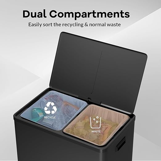 GarveeHome Step Dual Trash Can, 60L/16 Gallon Recycle Bins with Lid, 2 Removable Wastebusket, Step Pedal, Large Stainless Steel Double Trash Bin for Kitchen, Bathroom