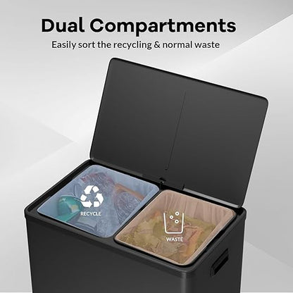 GarveeHome Step Dual Trash Can, 60L/16 Gallon Recycle Bins with Lid, 2 Removable Wastebusket, Step Pedal, Large Stainless Steel Double Trash Bin for Kitchen, Bathroom