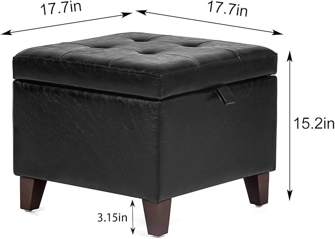 Adeco Storage Ottoman Foot Rest Stool, Leather Ottoman Footstool with Solid Wood Legs and Hinged Lid, 17.7" Small Foot Stool for Living Room, Bedroom