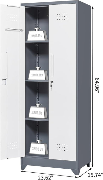 Broom Closet, Metal Storage Cabinet with Hanging Rod, 65" Broom Tool Organizer, Metal Cabinet with Doors and Shelves, Tall Cleaning Storage for Home, Office, Garage, Balcony