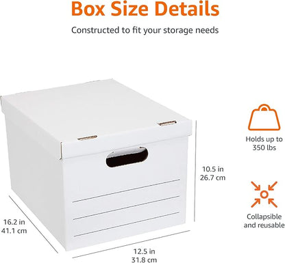 Amazon Basics Storage/Filing Boxes with Lift-Off Lid - Letter/Legal Size, Sturdy, Easy Assembly, White, 16.2" L x 12.5" W x 10.5" H, Pack of 20