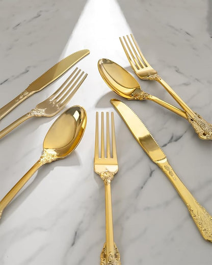 bUCLA 150PCS Gold Plastic Silverware Disposable - Heavy Duty Plastic Cutlery - Gold Disposable Utensils Set - Include 50 Knives, 50 Forks, 50 Spoons for Party & Thanksgiving