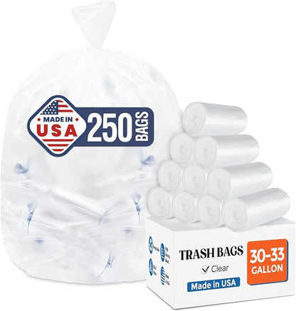 DELXO 30-33 Gallon Trash Bags, 250 Count Heavy Duty Large Clear Garbage Bags, Thick Durable and Puncture-Resistant Plastic Bags for Kitchens, Yards & Offices, Made in USA