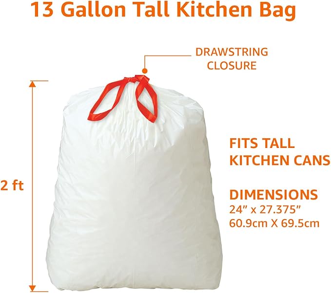 Amazon Basics 13 Gallon Tall Kitchen Drawstring Trash Bags, Clean Fresh Scent, 10% Post Consumer Recycled, 80 count