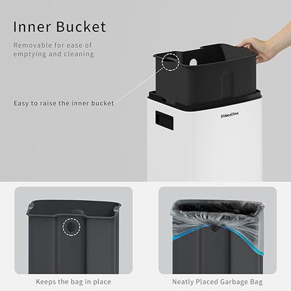 8Gallon/30L Brushed Stainless Steel Kitchen Trash Can with with Press Top Lid,Garbage Can with Inner Bucket(White)