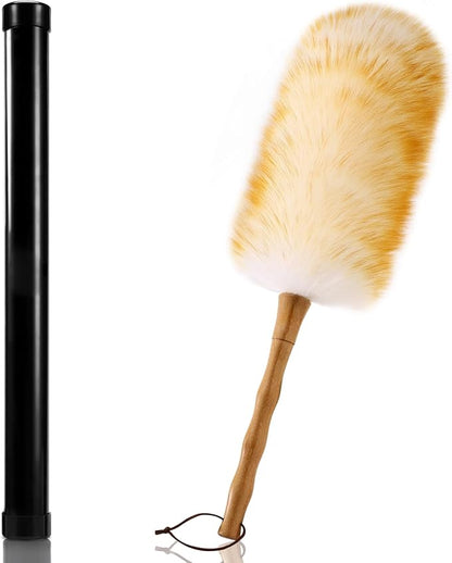 Lambs Wool Duster with Solid Bamboo Handle,Leather Hang Strap,18.9 inch Long,Natural Feather Duster for Cleaning Ceiling Fans,Window Blinds,Computer Screens,Bookshelves etc