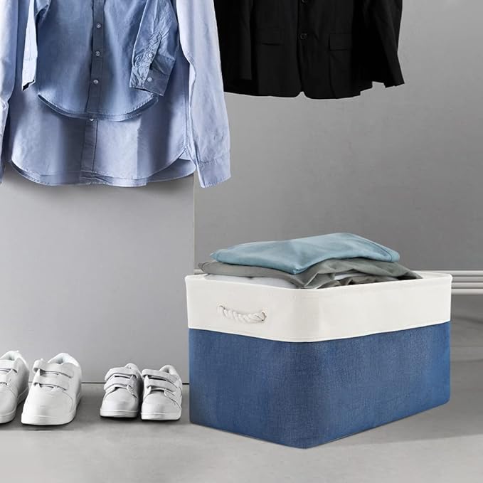 Organization and Storage Bins for Shelves - 2 Pack 17X15X12 inch Canvas Storage Cubes Collapsible Baskets for Organizing with Handles, Storage Box for Cloth Decorative (White & Blue)