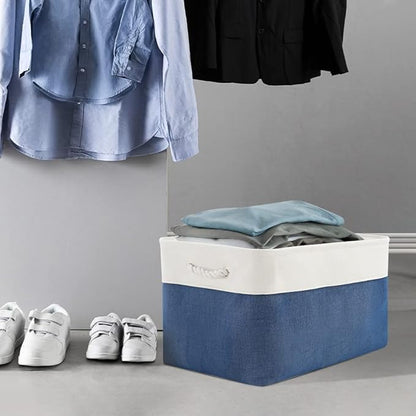 Organization and Storage Bins for Shelves - 2 Pack 17X15X12 inch Canvas Storage Cubes Collapsible Baskets for Organizing with Handles, Storage Box for Cloth Decorative (White & Blue)