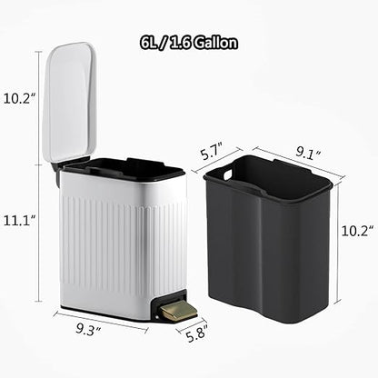 CEROELDA Small Bathroom Trash Can with Lid Soft Close-5L/1.3 Gal Slim Garbage Can-Metal Step Wastebasket-Rectangle Narrow Waste Bin for Office, Bedroom, Toilet, Live Room (Embossed-White)