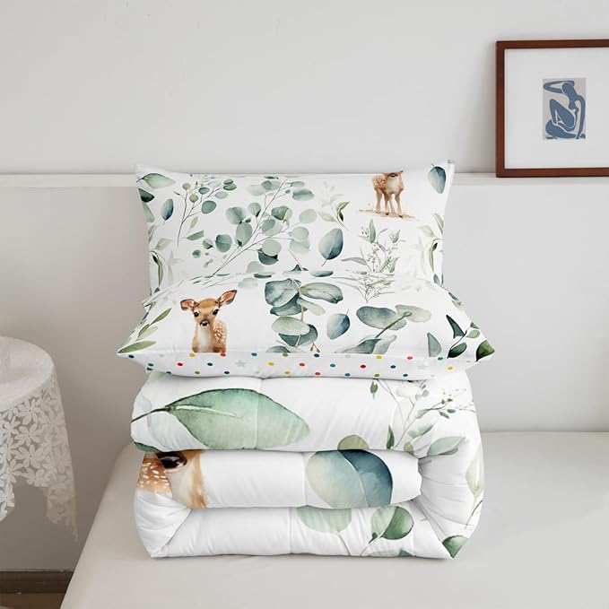 Erosebridal Cartoon Deer King Bedding Sets Toddler Woodland Wildlife Comforter Set, Spring Plant Duvet Insert Eucalyptus Leaf Down Comforter, Jungle Animal Theme Bedding Comforter Sets Kids Room Decor
