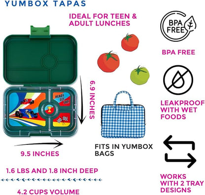 Yumbox Tapas 4-Compartment Bento Lunch Box, Large Size, Perfect for Sandwiches, Eco-friendly, Leakproof (Greenwich Green- Race Cars Tray)