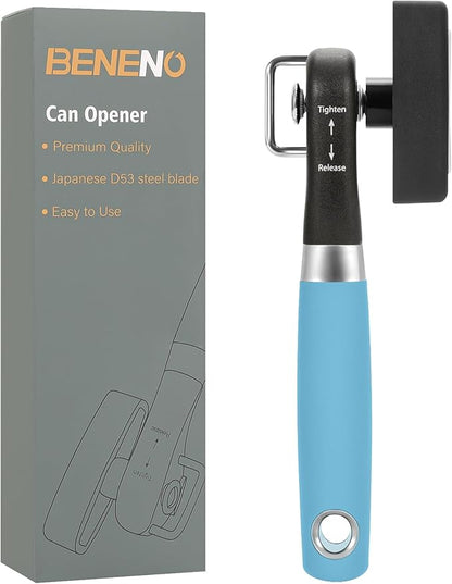 Beneno Can Opener, Manual Side Safe Cut Can Opener Smooth Edge with Durable Sharp Blade, Effort-Saving Knob & Comfortable Non-slip Handle, Aqua