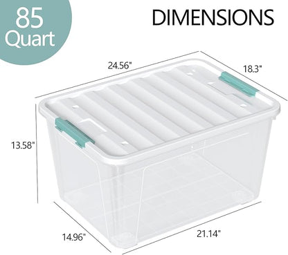 Zopnny 2-Pack Large Latching Box, 85 Quart Plastic Storage Bin with Lid, Stackable Totes w/Wheels, Clear