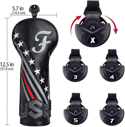 Big Teeth Golf Cover USA Stripe and Star Headcover Covers, Driver Fairway Wood Hybrid Headcovers Fits Blade Mallet Putter Iron and Woods with Magnetic Club Protector Pu Leather Golf Accessories