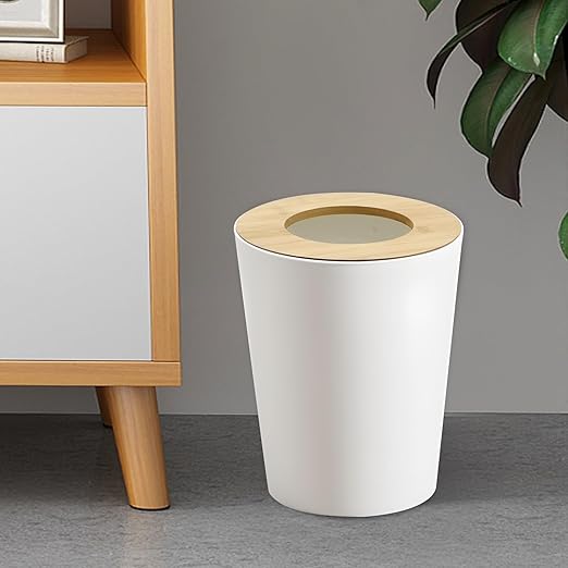 White Trash Can for Bedroom with Bamboo Lid, 2.4 Gallon Open Top Trash Can 2 Pack, Modern Aesthetic Garbage Can for Room Office Living Room, Small Bathroom Trash Bin Boho Style