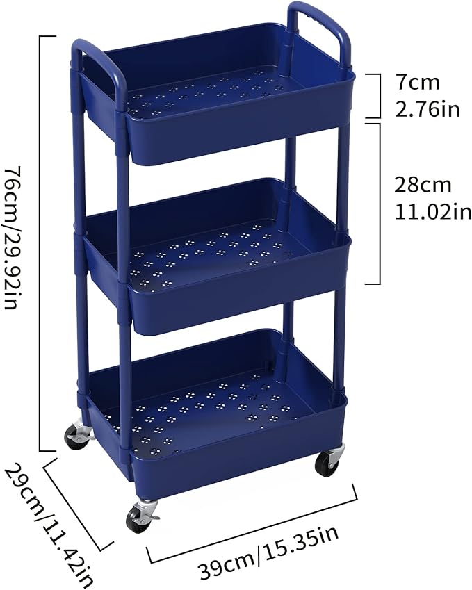Sywhitta 3-Tier Plastic Rolling Utility Cart with Handle, Multi-Functional Storage Trolley for Office, Living Room, Kitchen, Movable Storage Organizer with Wheels, Blue