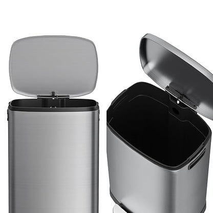 13 Gallon Trash Can with Lid, 50L Fingerprint Proof Stainless Steel Kitchen Trash Can with Removable Inner Bucket and Lid Soft Close, Pedal Rubbish Bin for Home Office（Silver）
