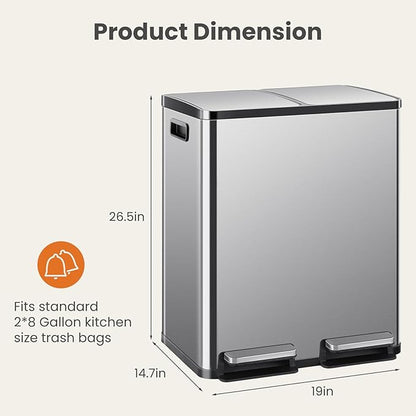 DUMOS Kitchen Trash Can, 2×8-Gallon Garbage Can with Lid, Stainless Steel Trash Bin with 2 Removable Inner Buckets, Soft-Close Foot Pedal, Fingerprint-Resistant for Kitchen Home Office