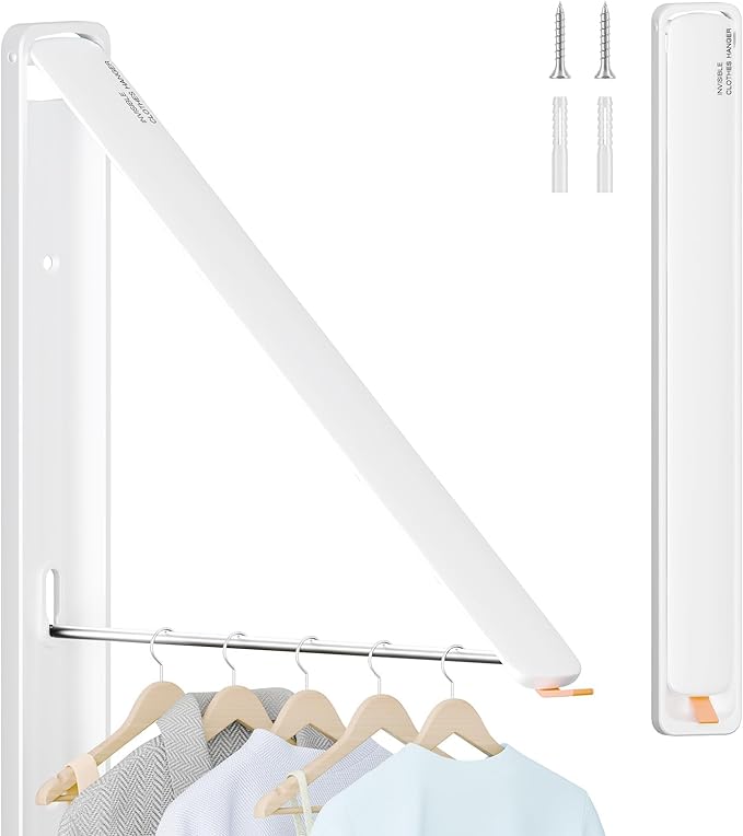 Clothes Drying Rack for Laundry Drying Rack Wall Mounted Clothes Hanger Rack Retractable Laundry Hanger Dryer Rack Space Saving Closet Organizer Aluminium (White)