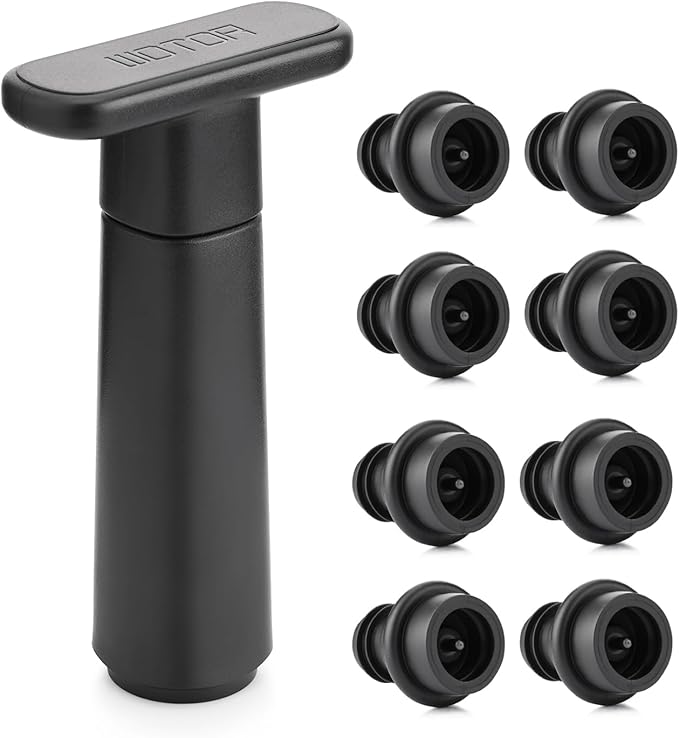 WOTOR Wine Saver Vacuum Pump with 8 Stoppers, Wine Stopper & Preserver, Reusable Bottle Sealer Keeps Fresh, Ideal Accessories Gift (Flat Handle)
