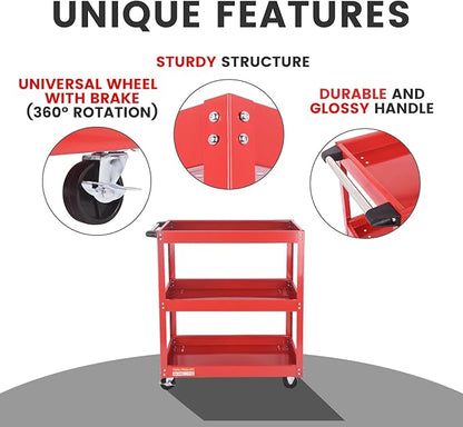 3-Tier Commercial Utility Cart with Brake Wheels, Sturdy Steel Construction, 110 lbs Capacity, Red