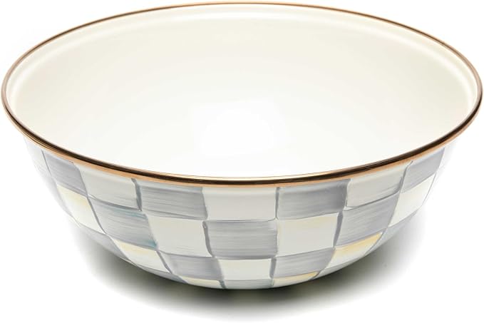 MACKENZIE-CHILDS Enamel Everyday Bowl, Serving Bowl for Entertaining, Medium, Gray-and-White Sterling Check, Set of 1