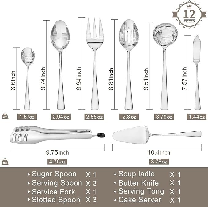 KINGSTONE 12 Piece Serving Utensils Set, 18/10 Stainless Steel Serving Utensils, Slotted Spoon, Fork, Tong, Soup Ladle, Cake Server, Butter Knife and Sugar Spoon for Buffet, Parties, Kitchen