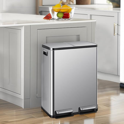 DUMOS Kitchen Trash Can, 2×8-Gallon Garbage Can with Lid, Stainless Steel Trash Bin with 2 Removable Inner Buckets, Soft-Close Foot Pedal, Fingerprint-Resistant for Kitchen Home Office